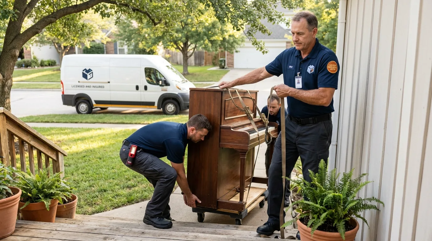 Licensed piano movers securing grand piano in Broomall, PA
