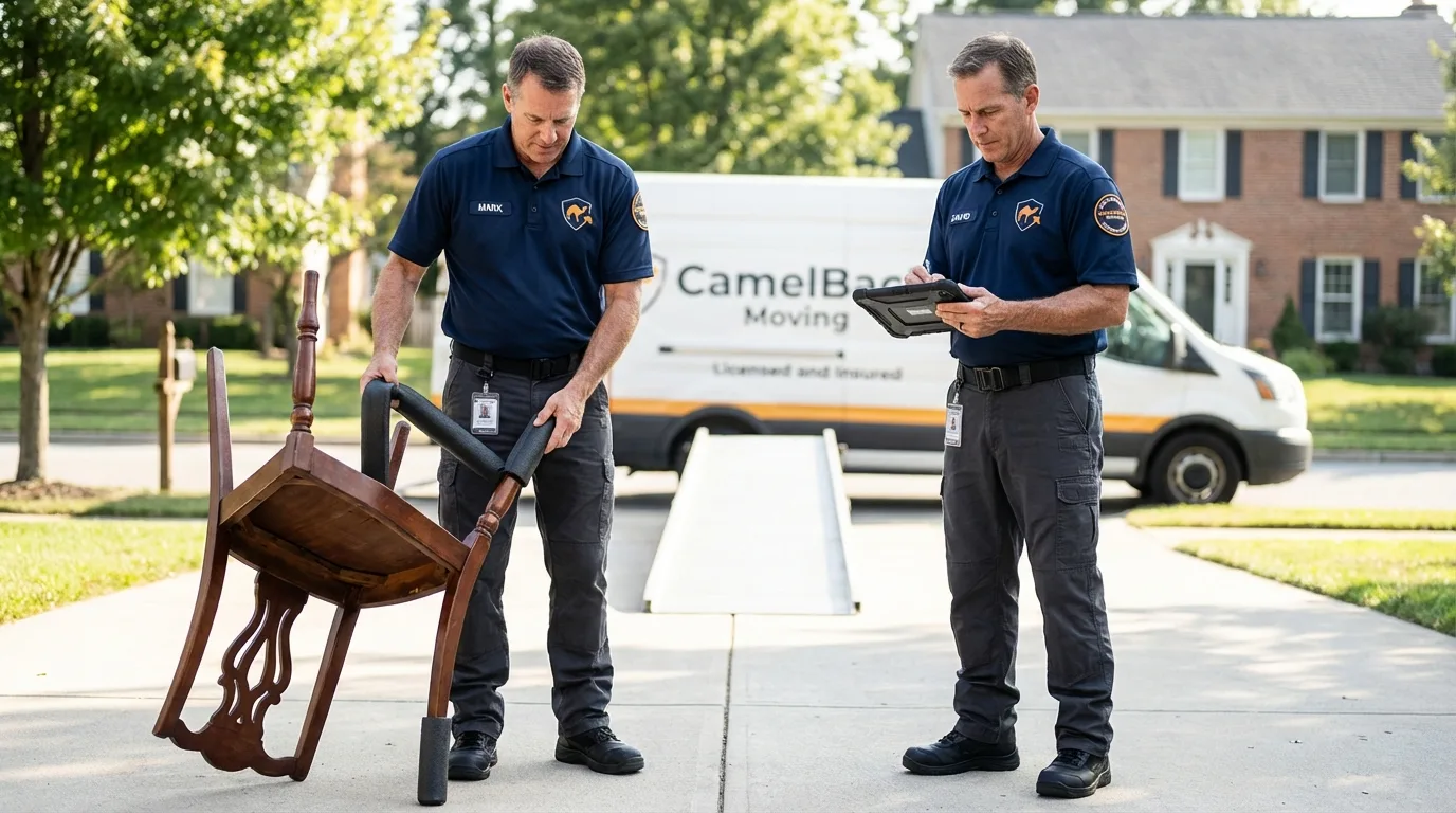 Movers inspecting furniture for damage prevention before loading in Broomall, PA